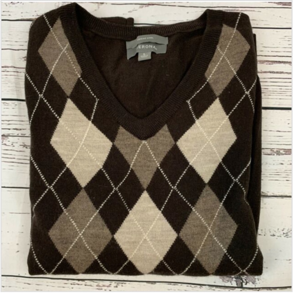 XL V-Neck Sweater Brown Argyle 100% Merino Wool